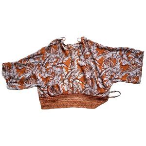 TIMING Blouse Womens XL Orange Wide Sleeve Lace Tie Front Tropical Print Boho